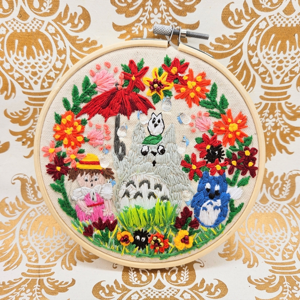 My Neighborhood Totoro floral embroidery crystal circle wall art NWT